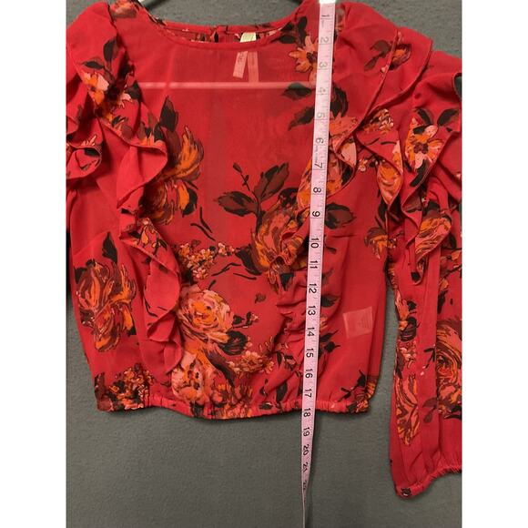 Truth NYC Blouse Womens Small Red Floral Ruffle Long Sleeve Sheer Top Boho Chic - Picture 3 of 8